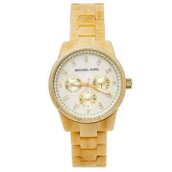 Pre Owned Michael Kors Mother Of Pearl Gold Tone Stainless Steel Horn Resin Jet Set MK5039 Women's Wristwatch 37 mm
