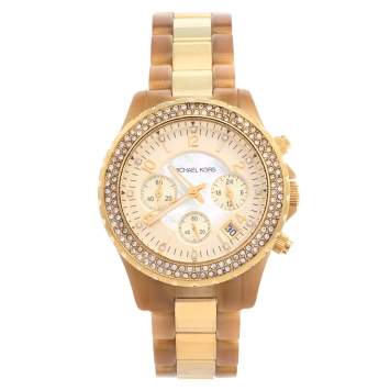 Pre Owned Michael Kors Gold Tone Stainless Steel Horn Acetate Madison MK5417 Women's Wristwatch 42 mm