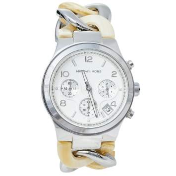 Pre Owned Michael Kors Silver Stainless Steel & Acrylic Chain Runway MK4263 Women's Wristwatch 38 mm