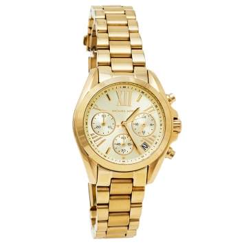 Pre Owned Michael Kors Yellow Gold Plated Stainless Steel Runway MK5798 Women's Wristwatch 36 mm