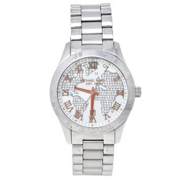 Pre Owned Michael Kors White Crystal Pave Stainless Steel Layton MK5958 Women's Wristwatch 44 mm