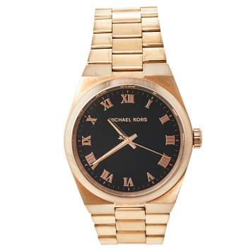 Pre Owned Michael Kors Black Rose Gold Tone Stainless Steel Channing MK5937 Women's Wristwatch 38 mm