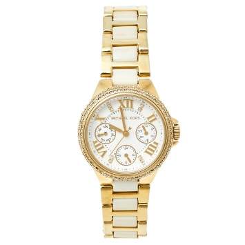 Pre Owned Michael Kors White Gold Tone Stainless Steel Camille MK5945 Women's Wristwatch 36 mm
