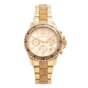Pre Owned Michael Kors Gold Tone Stainless Steel & Horn Acetate Everest MK5874 Women's Wristwatch 42 mm