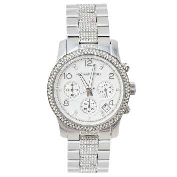 Pre Owned Michael Kors Silver Stainless Steel Runway Glitz MK5825 Women's Wristwatch 38 mm