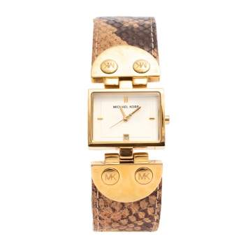 Pre Owned Michael Kors Yellow Gold Plated Stainless Steel Leather MK2144 Women's Wristwatch 28 mm