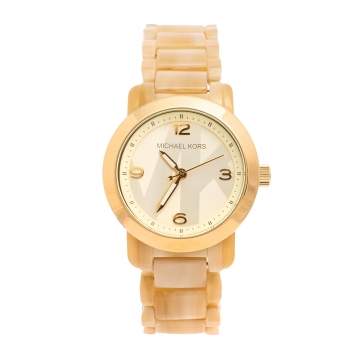 Pre Owned Michael Kors Gold Tone Stainless Steel Horn Acetate MK4204 Women's Wristwatch 34 mm