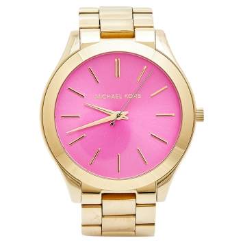 Pre Owned Michael Kors Pink Gold Plated Stainless Steel Slim Runway MK3264 Women's Wristwatch 42 mm