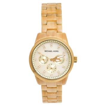Pre Owned Michael Kors Mother Of Pearl Gold Tone Stainless Steel Horn Resin Jet Set MK5039 Women's Wristwatch 37 mm