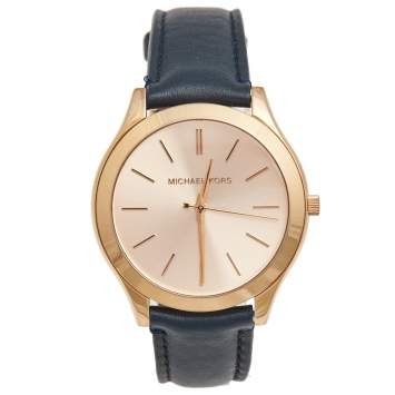 Pre Owned Michael Kors Salmon Rose Gold Plated Stainless Steel Leather Slim Runway MK-2466 Women's Wristwatch 42mm