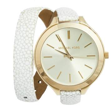 Pre Owned Michael Kors Champagne Gold Plated Stainless Steel Leather Slim Runway  MK-2477 Women's Wristwatch 42 mm
