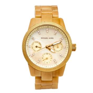 Pre Owned Michael Kors Mother of Pearl Gold Plated Stainless Steel Horn Acetate Mk5400 Women's Wristwatch 33 mm