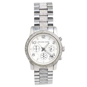 Pre Owned Michael Kors White Stainless Steel Runway Glitz MK-5825 Women's Wristwatch 38 mm