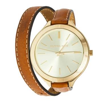 Pre Owned Michael Kors Champagne Gold Plated Stainless Steel Leather Runway MK2256 Women's Wristwatch 42 mm