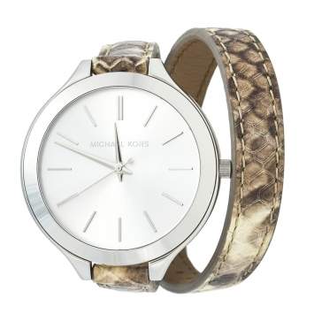Pre Owned Michael Kors Silver Stainless Steel Leather Slim Runway MK-2467 Women's Wristwatch 42 mm