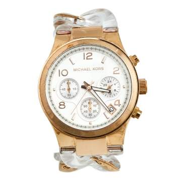 Pre Owned Michael Kors Silver Rose Gold Plated Stainless Steel Clear Acetate Runway Twist MK-4282 Women's Wristwatch 38 mm