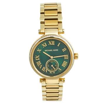 Pre Owned Michael Kors Green Yellow Gold Plated Stainless Steel Skylar MK-6065 Women's Wristwatch 41 mm