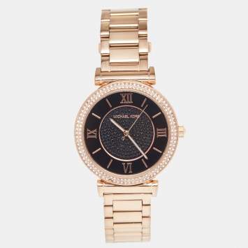 Pre Owned Michael Kors Black Rose Gold Plated Stainless Steel Catlin MK3356 Women's Wristwatch 38 mm