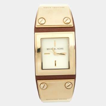 Pre Owned Michael Kors Champagne Gold Plated Stainless Steel Leather MK2201 Women's Wristwatch 30 mm