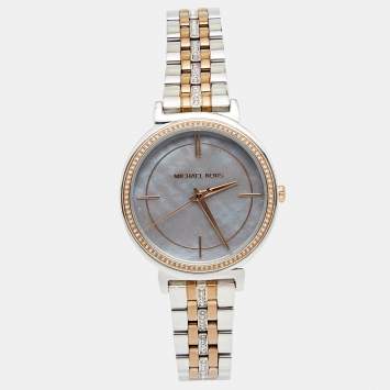 Pre Owned Michael Kors Mother of Pearl Two Tone Stainless Steel Cinthia MK-3642 Women's Wristwatch 33 mm 