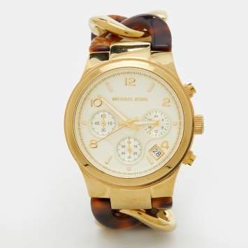 Pre Owned Michael Kors Yellow Gold Plated Stainless Steel Acrylic Chain Link MK4222 Women's Wristwatch 38 mm