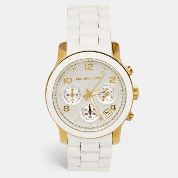 Pre Owned Michael Kors Silver Silicone Gold Plated Stainless Steel Runway MK5145 Women's Wristwatch 39 mm