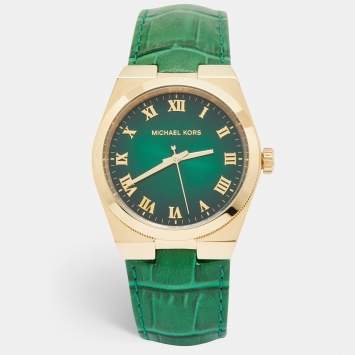 Pre Owned Michael Kors Green Gold Plated Stainless Steel Leather Channing MK2356 Unisex Wristwatch 38 mm 