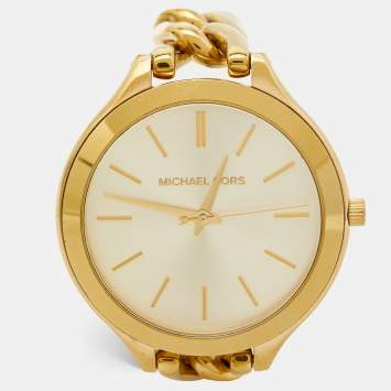 Pre Owned Michael Kors Champagne Gold Plated Stainless Steel Slim Runway MK3222 Woman's Wristwatch 41 mm