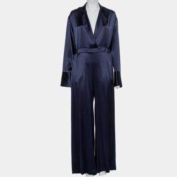 Pre Owned Michael Lo Sordo Navy Blue Silk Satin Collared Jumpsuit M