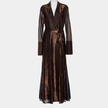 Pre Owned Michael Lo Sordo Metallic Lurex Side Slit Detail Belted Collared Maxi Dress L