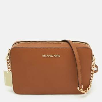 Pre Owned Michael Kors Brown Saffiano Leather Jet Set Large Crossbody Bag
