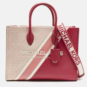 Pre Owned MICHAEL Michael Kors Pink Signature Coated Canvas and Leather Medium Mirella EW Tote