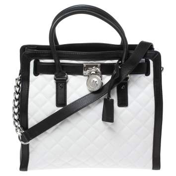 Pre Owned MICHAEL Michael Kors White/Black Leather Large Hamilton North South Tote