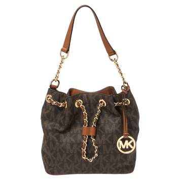 Pre Owned MICHAEL Michael Kors Brown Signature Coated Canvas and Leather Medium Frankie Bucket Bag