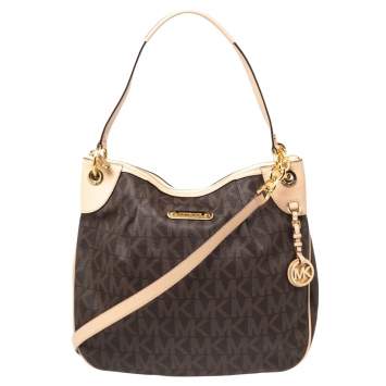 Pre Owned MICHAEL Michael Kors Brown/Beige Signature Coated Canvas and Leather Jet Set Hobo