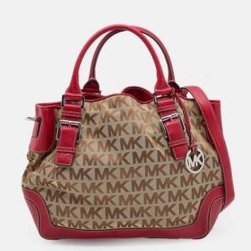 Pre Owned MICHAEL Michael Kors Beige/Red Canvas and Leather Large Brookville Tote