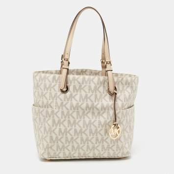 Pre Owned MICHAEL Michael Kors White Signature Coated Canvas and Leather Jet Set East West Tote