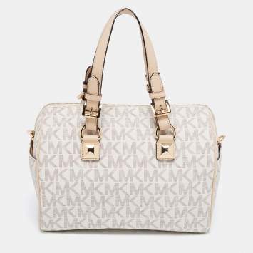 Pre Owned MICHAEL Michael Kors White/Beige Coated Canvas And Leather Grayson Satchel