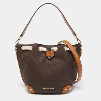 Pre Owned Michael Kors Brown Signature Coated Canvas Medium Alanis Bucket Bag