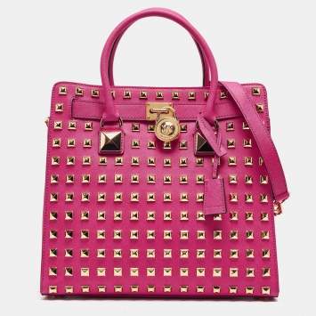 Pre Owned MICHAEL Michael Kors Pink Leather Studded Large North South Hamilton Tote