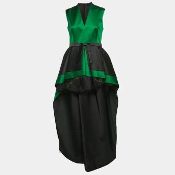 Pre Owned Paule Ka Green/Black Silk Asymmetric V-Neck Gown S