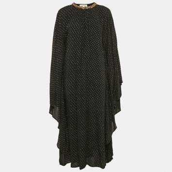 Pre Owned MICHAEL Michael Kors Black Dot Print Crepe Chain Detail Kaftan Dress S/M