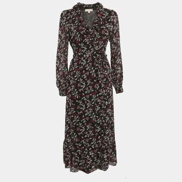 Pre Owned MICHAEL Michael Kors Black Floral Print Crepe Wrap Dress S