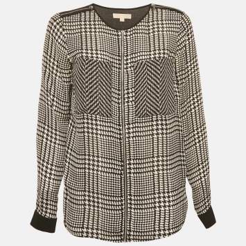 Pre Owned MICHAEL Michael Kors Black  Houndstooth Printed Silk Zip Front Top XS