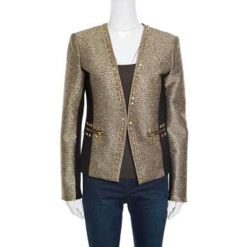 Pre Owned Michael Michael Kors Gold Contrast Paneled Embellished Front Open Blazer M