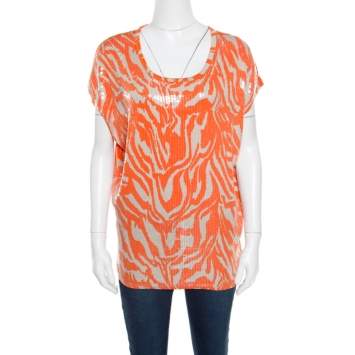 Pre Owned Michael Michael Kors Orange and Beige Zebra Printed Sequined Top M