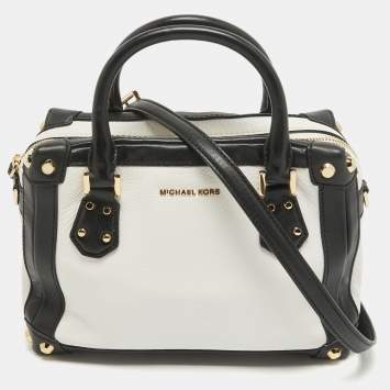 Pre Owned MICHAEL Michael Kors White/Black Leather Small Taryn Satchel