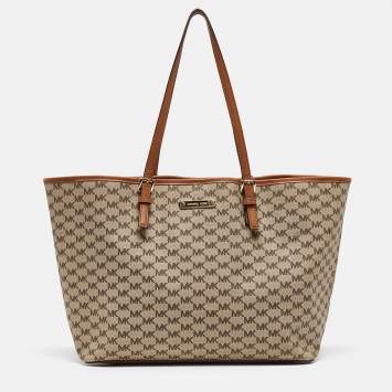 Pre Owned MICHAEL Michael Kors Brown/Beige Signature Coated Canvas and Leather Emery Tote