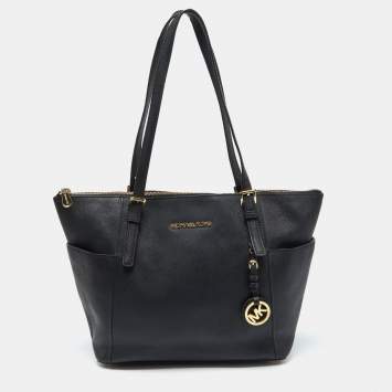 Pre Owned MICHAEL Michael Kors Black Leather Medium Jet Set Top Zip Tote