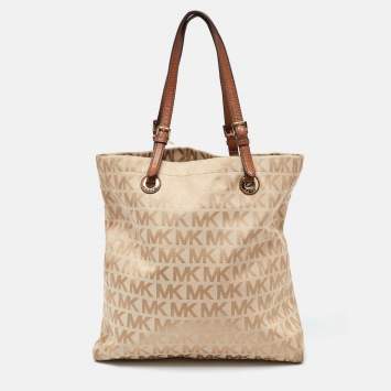 Pre Owned MICHAEL Michael Kors Beige/Brown Signature Canvas and Leather North South Tote 